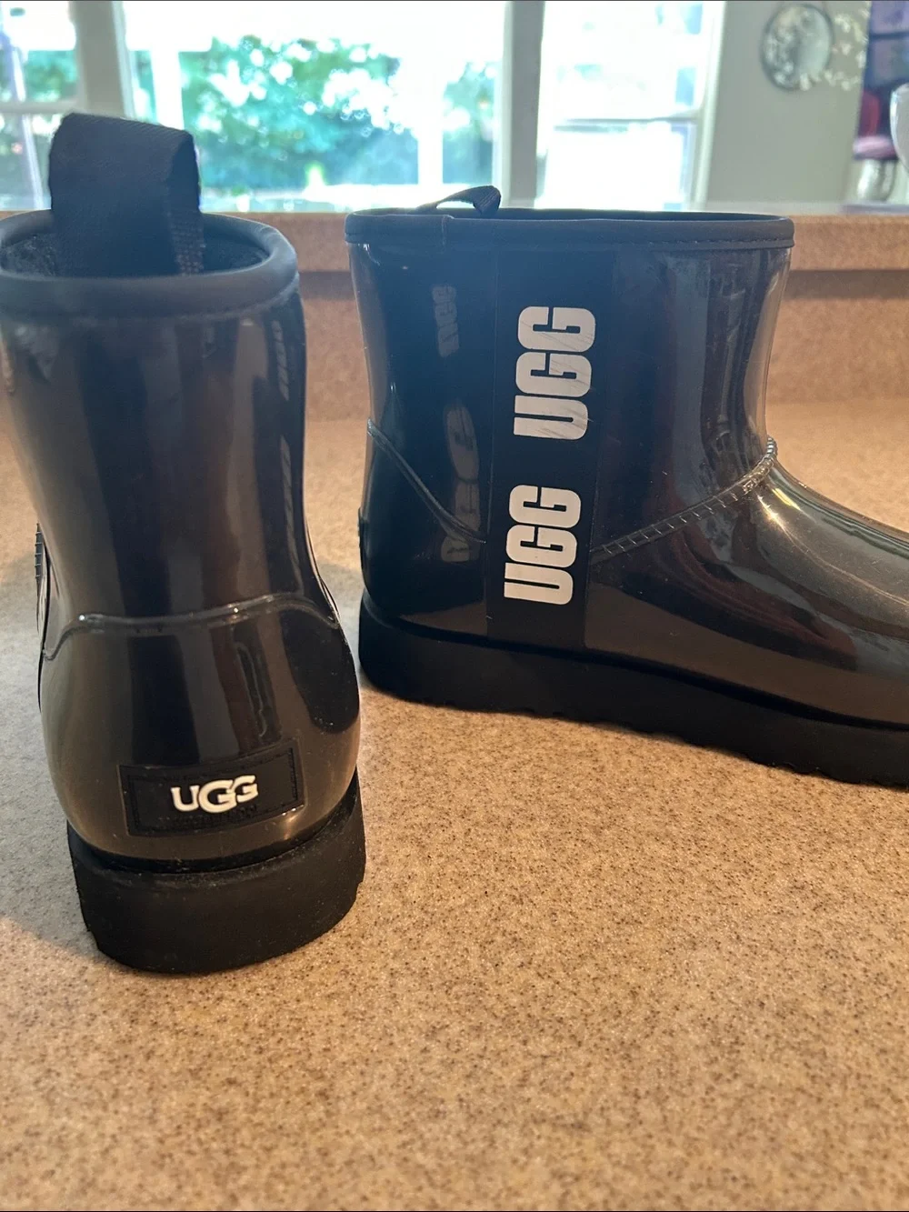 UGG Women’s Black Glossy Rain Boots with White Logo